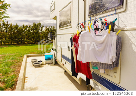 Clothes hanging to dry outdoor at caravan 132545368