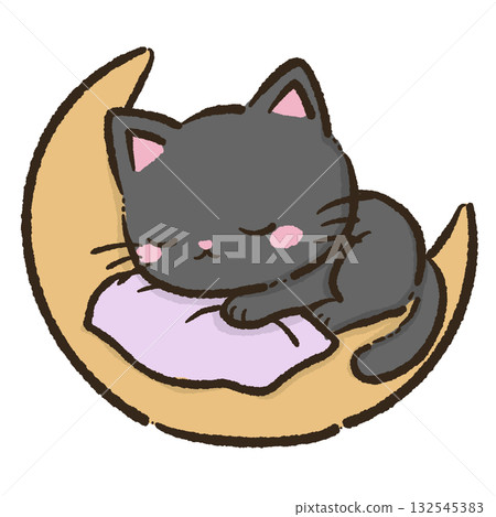 Kawaii Black Cat sleeping on a crescent moon Christmas Holiday Cute Cat Character Art Snowy Forest Illustration for Cards Stickers Crafts Kids Room Decor Digital Artwork 132545383
