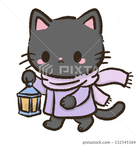 Kawaii Black Cat holding a small lantern Christmas Holiday Cute Cat Character Art Snowy Forest Illustration for Cards Stickers Crafts Kids Room Decor Digital Artwork 132545384