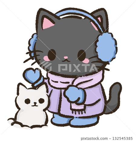 Kawaii Black Cat wearing earmuffs and mittens, building a mini snow cat Christmas Holiday Cute Cat Character Art Snowy Forest Illustration for Cards Stickers Crafts Kids Room Decor Digital Artwork 132545385