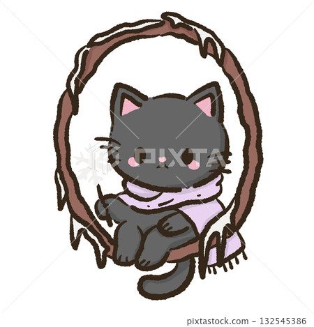 Kawaii Black Cat sitting on a branch with hanging crystal droplets like icicles Christmas Holiday Cute Cat Character Art Snowy Forest Illustration for Cards Stickers Crafts Kids Room Decor   132545386