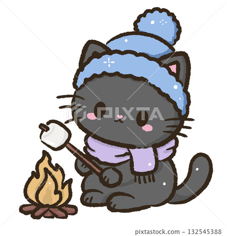 Kawaii Black Cat roasting marshmallows beside a glowing campfire Christmas Holiday Cute Cat Character Art Snowy Forest Illustration for Cards Stickers Crafts Kids Room Decor Digital Artwork 132545388