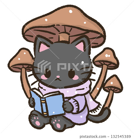 Kawaii Black Cat reading a spellbook under glowing mushrooms umbrella Christmas Holiday Cute Cat Character Art Snowy Forest Illustration for Cards Stickers Crafts Kids Room Decor Digital Artwork 132545389