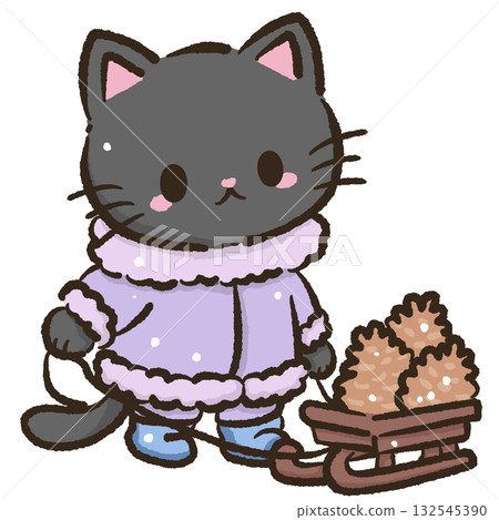 Kawaii Black Cat pulling a sled filled with glowing pinecones Christmas Holiday Cute Cat Character Art Snowy Forest Illustration for Cards Stickers Crafts Kids Room Decor Digital Artwork 132545390