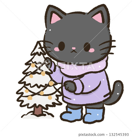 Kawaii Black Cat wrapping fairy lights around a frosted pine tree Christmas Holiday Cute Cat Character Art Snowy Forest Illustration for Cards Stickers Crafts Kids Room Decor Digital Artwork 132545393