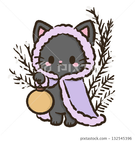Kawaii Black Cat with Lantern in Winter Cloak Christmas Holiday Cute Cat Character Art Snowy Forest Illustration for Cards Stickers Crafts Kids Room Decor Digital Artwork 132545396