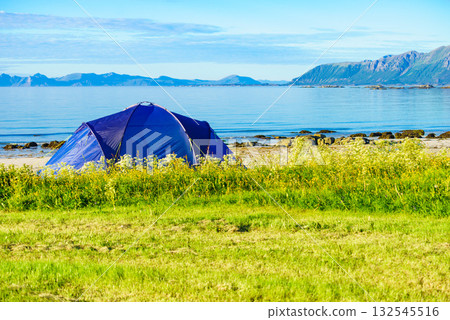 Tent on beach, Lofoten islands, Norway Tent on beach, Lofoten islands, Norway 132545516