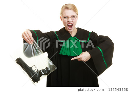 Woman lawyer with gun bag marked evidence for crime. Woman lawyer with gun bag marked evidence for crime. 132545568