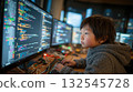 Young asian child coding on multiple computer screens, little boy and technology 132545728