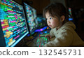 Young asian girl learning programming, child against on dual monitors with colorful code display 132545731