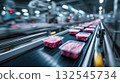 Automated meat packaging line with plastic containers in modern factory 132545734