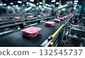 Packaging line with conveyor belt in modern industrial facility featuring parcel boxes with meat 132545737