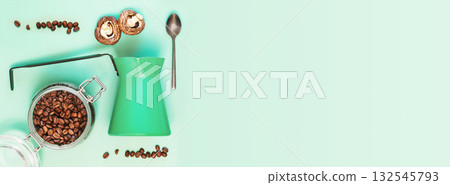 Mushroom Coffee, Superfood. Coffee banner with cezve, spoon, fresh mushrooms and coffee beans on a mint background with copy space. Trendy coffee. Flat lay, Banner size Mushroom Coffee, Superfood. Coffee banner with cezve, spoon, fresh mushrooms and coffee beans on a mint background with copy space. Trendy coffee. Flat lay, Banner size 132545793