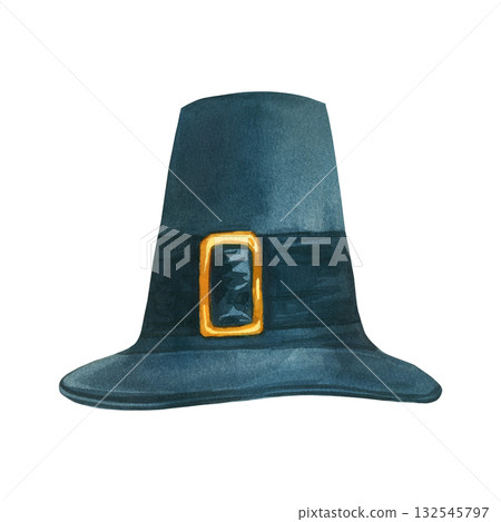 Pilgrim's hat, a traditional pilgrim's headdress for Thanksgiving. All objects are hand-drawn and isolated on a white background. For printing on postcards, invitations, costume advertising. Pilgrim's hat, a traditional pilgrim's headdress for Thanksgiving. All objects are hand-drawn and isolated on a white background. For printing on postcards, invitations, costume advertising. 132545797