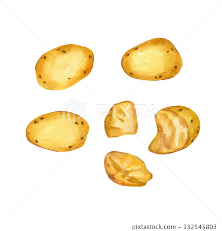 Boiled yellow potatoes, whole potato tubers and pieces of potatoes, all hand-painted with watercolor. The illustration is suitable for printing on food packaging, on fabric and paper. Boiled yellow potatoes, whole potato tubers and pieces of potatoes, all hand-painted with watercolor. The illustration is suitable for printing on food packaging, on fabric and paper. 132545803