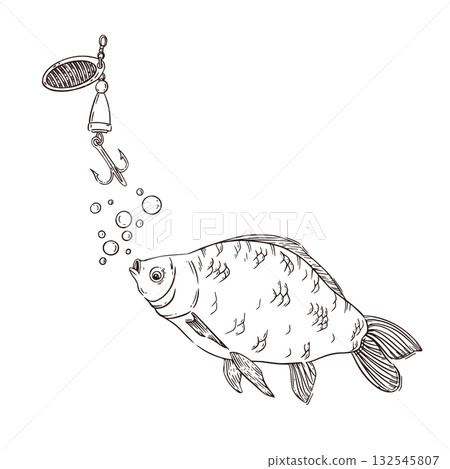 Fishing for river fish with a hook, a large crucian carp, air bubbles, a hook with a spoon for catching fish. All objects are hand-drawn in ink. For printing on fabric, paper, fishing shop decoration. Fishing for river fish with a hook, a large crucian carp, air bubbles, a hook with a spoon for catching fish. All objects are hand-drawn in ink. For printing on fabric, paper, fishing shop decoration. 132545807