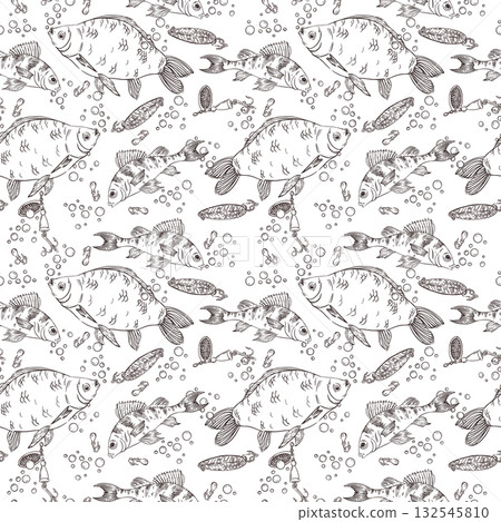 Seamless vector pattern on the theme of fishing, crucian carp, perch, air bubbles, hooks, spoon and bait for fishing. All objects are hand-drawn with ink. For booklet design, printing. Seamless vector pattern on the theme of fishing, crucian carp, perch, air bubbles, hooks, spoon and bait for fishing. All objects are hand-drawn with ink. For booklet design, printing. 132545810