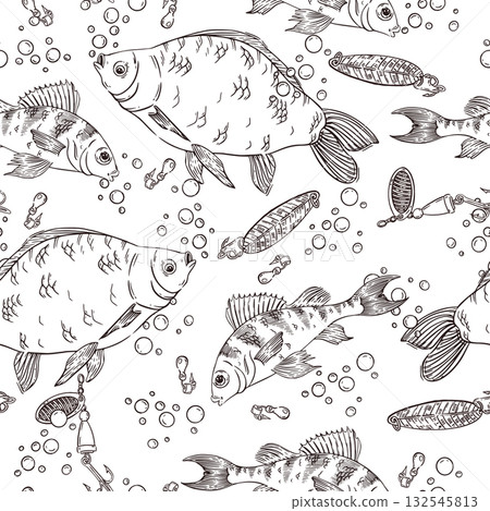 Seamless vector pattern on the theme of fishing, crucian carp, perch, air bubbles, hooks, spoon and bait for fishing. All objects are hand-drawn with ink. For booklet design, printing. 132545813