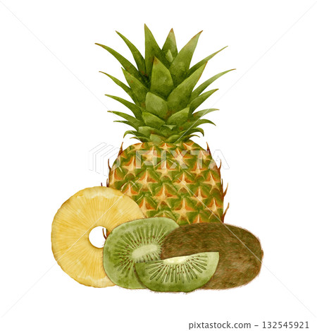 An assortment of tropical fruits, including pineapple and kiwi, ideal for meals and snacks 132545921
