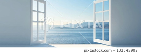 Minimal interior with open window overlooking sea and sky 132545992