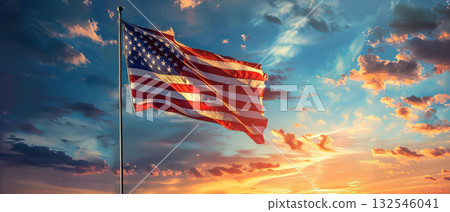 American flag flying proudly against dramatic sky American flag flying proudly against dramatic sky 132546041