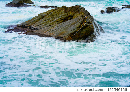 Waves of the East Sea crash against the breakwater and rocky shore, South Korea Waves of the East Sea crash against the breakwater and rocky shore, South Korea 132546136