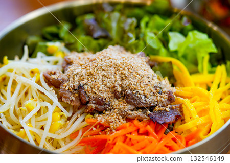 Bibimbap, Korean spicy salad with rice bowl, bulgogi. Traditionally Korean food 132546149
