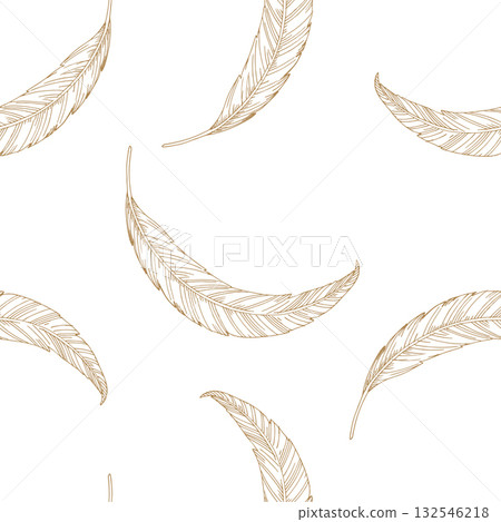 Seamless pattern of feathers in a beige color. Vector ink styled handmade illustration. For packaging design, cards, cover, prints, product labels and fabric. 132546218