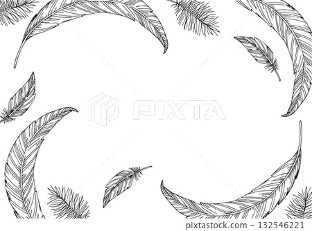Frame of feathers and fluff. Vector ink styled handmade illustration. For packaging design, cards, cover, prints, product labels and fabric. 132546221