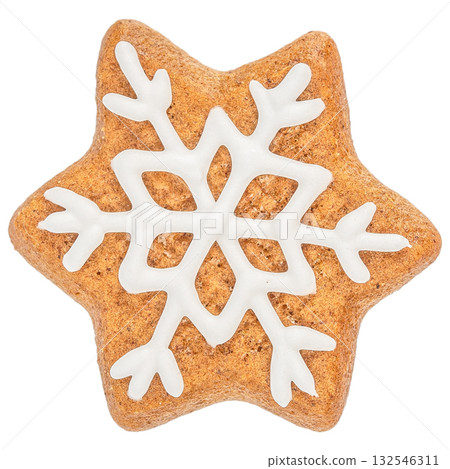 Star-shaped gingerbread cookie decorated with white icing snowflake isolated on white background Star-shaped gingerbread cookie decorated with white icing snowflake isolated on white background 132546311