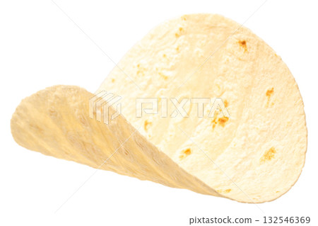 Fresh wheat tortilla isolated on white background. Traditional Mexican flatbread used for tacos, burritos, quesadillas, wraps, or fast food recipes 132546369