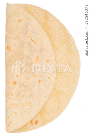 Fresh tortilla folded in half isolated on white background. Traditional flatbread for tacos, burritos, quesadillas, Mexican and Tex-Mex cuisine 132546372