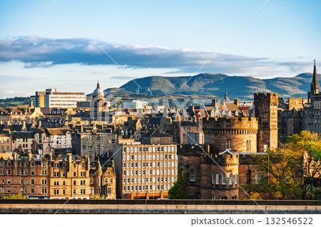 Edinburgh cityscape with Arthurs Seat in the background Scotland UK 132546522