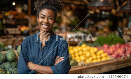Smiling woman stands proudly in fresh produce section of grocery store 132546674