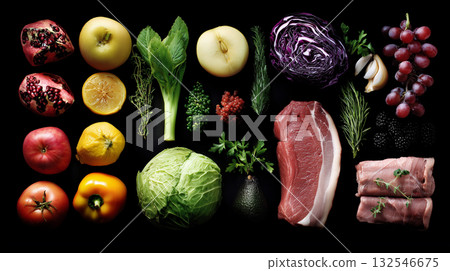 Colorful assortment of fresh produce and meats on a dark background 132546675