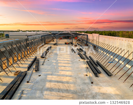 USA logistics and distribution industry development. Construction of warehouse concrete and metal structure of industrial building 132546928