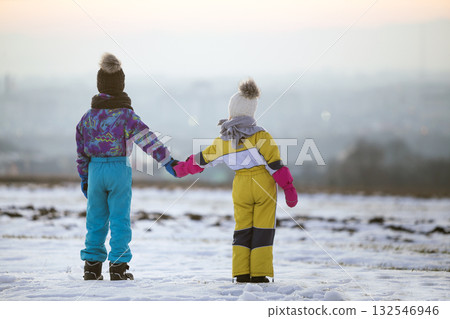 Two children brother and sister standing outdoors on snow covered winter field holding hands. Two children brother and sister standing outdoors on snow covered winter field holding hands. 132546946