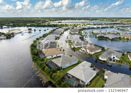 Tropical rainstorm flooded residential homes in suburban community in Florida. Hurricane aftermath 132546947