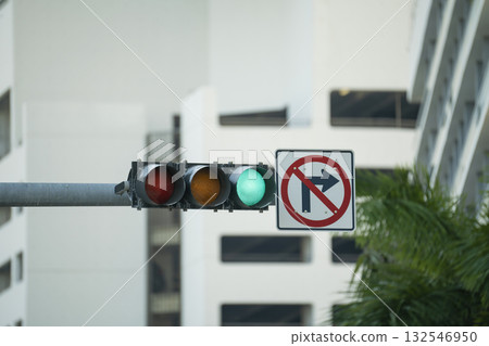 Traffic lights for traffic regulation high above street in Miami, Florida Traffic lights for traffic regulation high above street in Miami, Florida 132546950