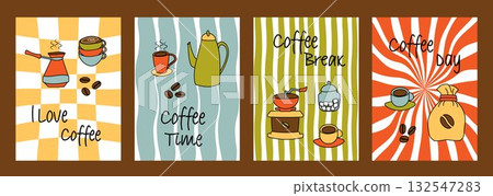 Set of coffee banners with a simple line pattern. Coffee shop flyers, cup, coffee machine, beans, types of coffee. Set of coffee banners with a simple line pattern. Coffee shop flyers, cup, coffee machine, beans, types of coffee. 132547283