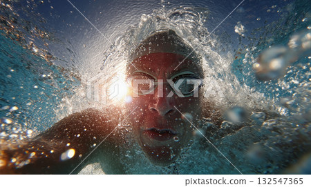 Swimmer emerging from pool water with droplets sparkling in sunlight 132547365