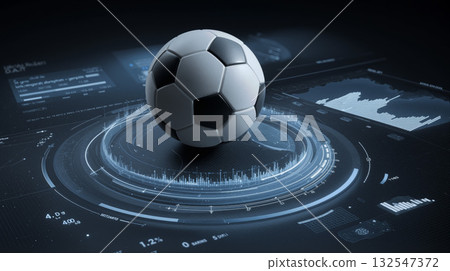 Digital analytics interface surrounds a soccer ball showcasing data and performance in real time Digital analytics interface surrounds a soccer ball showcasing data and performance in real time 132547372