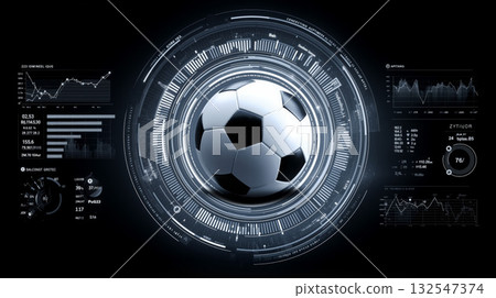 Digital analytics interface showcases a soccer ball with data visuals in a modern design 132547374