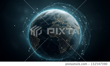 Earth illuminated in darkness with satellites and technology connecting the globe Earth illuminated in darkness with satellites and technology connecting the globe 132547390