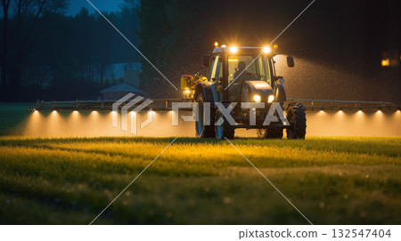 Electric tractor sprays crops in the evening with precision in a rural farming landscape Electric tractor sprays crops in the evening with precision in a rural farming landscape 132547404