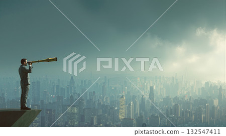 Exploring distant horizons with a telescope over a futuristic city skyline Exploring distant horizons with a telescope over a futuristic city skyline 132547411