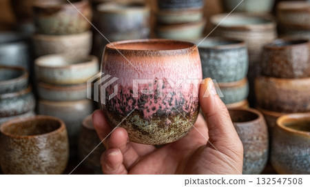 Handcrafted ceramic cup on display Handcrafted ceramic cup on display 132547508