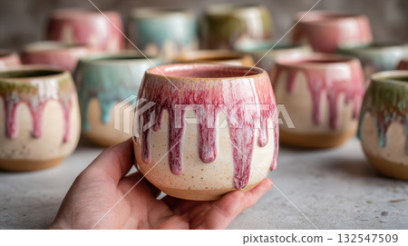 Colorful ceramic mugs on display 132547509