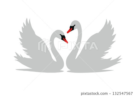 Silhouetted swans with red beaks facing each other on white background, symbolizing love and romance, stylized flat design 132547567
