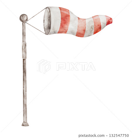 Watercolor windsock on wooden pole with red and white stripes. Hand painted Illustration wind cone Indicate wind direction and speed isolated on Background 132547750